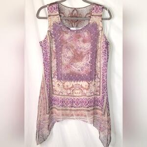 Dressbarn Tunic Top Large Purples and Brown Lined Layer Lace Lightweight 💜